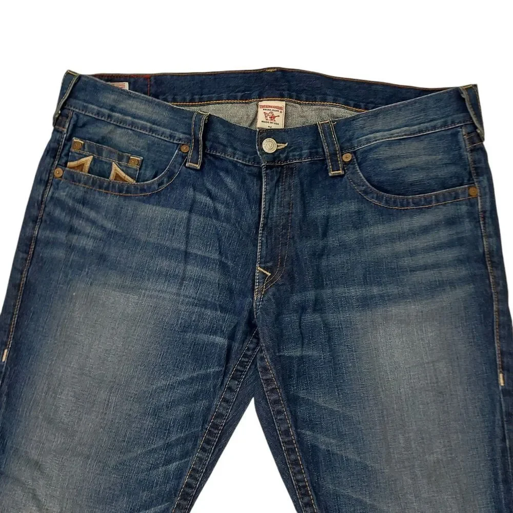 True Religion Bobby Jeans Mens 42x32 Blue Straight Leg Embroidered Retro Y2K